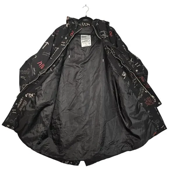 America Jacket Mens Large Black Hooded Parka Full Zip All Over Print Graphic